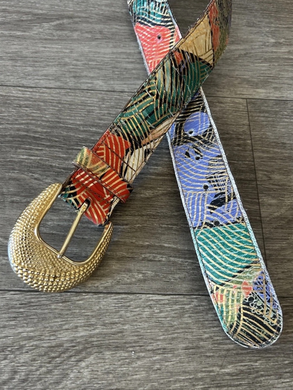 Vintage 80s Abstract Painted Leather Belt Gold Buckle USA M/L 38” - Picture 3 of 14
